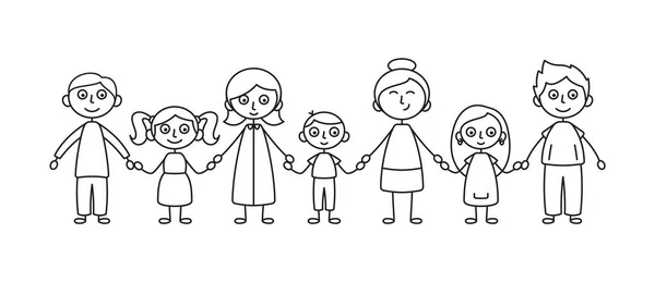 Vector Simple Black Line Art Children Adults Holding Hands Forming — Stock Vector