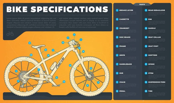Specyfikacja Wektorowego Infograficznego Roweru Górskiego Zdjęcie Mnóstwem Szczegółów Żółte Tło — Wektor stockowy