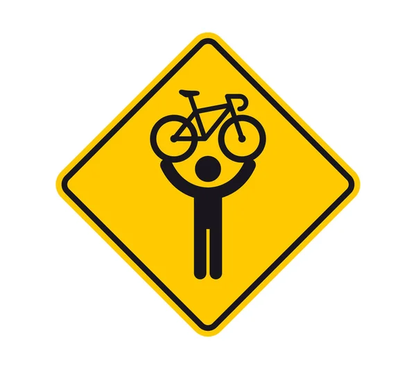 Vector Yellow Rhombus Sign Black Silhouette Figure Holding Bicycle His — Stock Vector