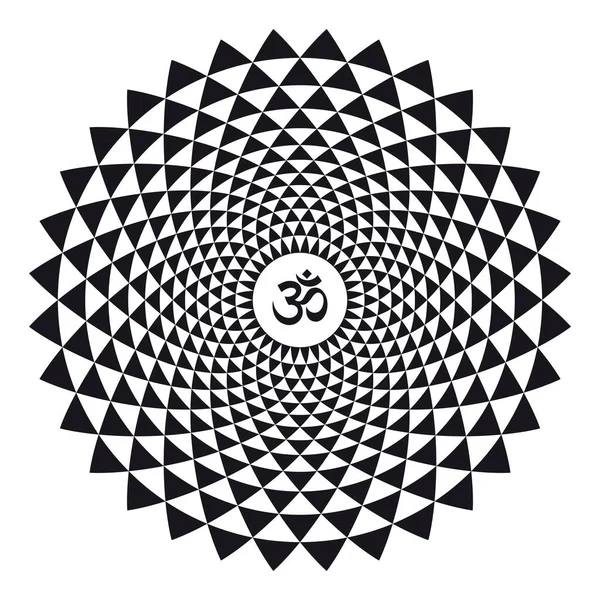 白い背景にOmのシンボルを持つベクトル黒の幾何学的円形曼荼羅 — ストックベクタ