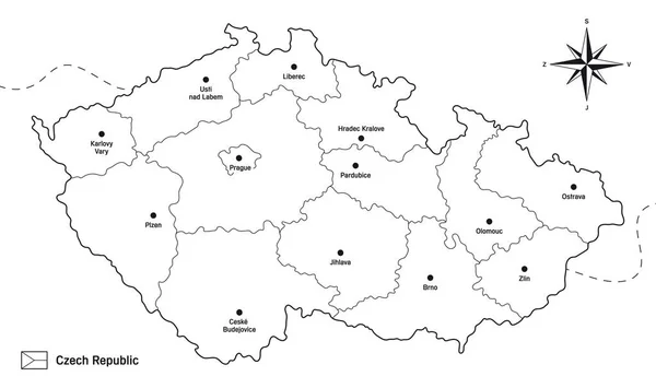 Wektor Prosta Czarno Biała Mapa Linii Republiki Czeskiej Zaznaczonymi Regionami — Wektor stockowy