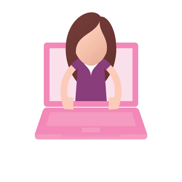 Векторный Символ Розового Ноутбука Женщиной Выходящей Экрана Изолированный Белом Фоне — стоковый вектор