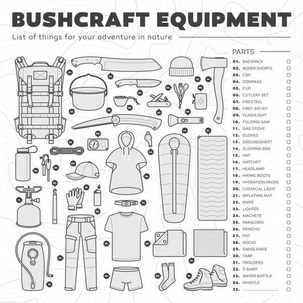 Vektorliste Mit Symbolen Von Bushcraft Survival Ausrüstung Isoliert Auf Weißem — Stockvektor