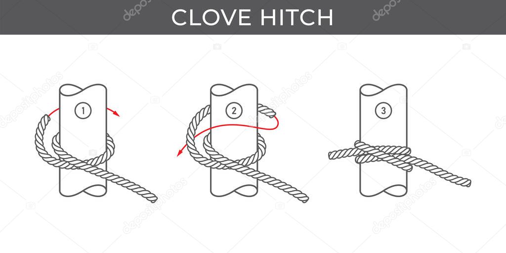 Vector simple instructions for tying a Clove hitch. Three steps. Isolated on white background.