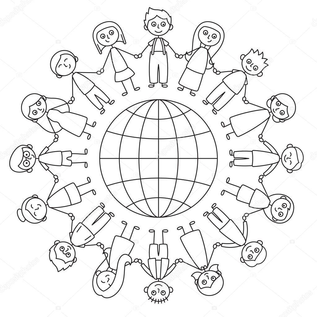 Vector simple black line art of children holding hands standing around a globe. Isolated on white background.