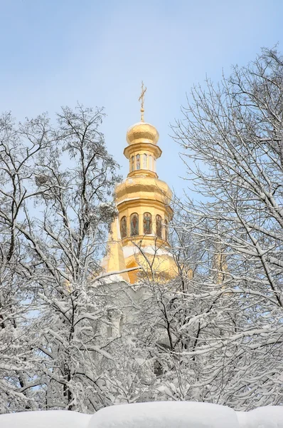 Ortodoks Kilisesi ve karla kaplı ağaçlar. — Stok fotoğraf