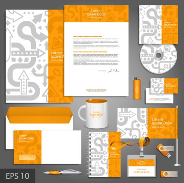 Orange corporate identity template with gray arrows.