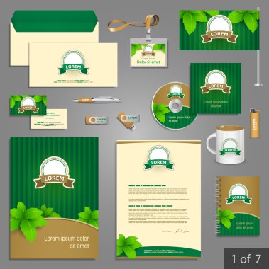 çiçek Kırtasiye yeşil yaprakları ile tasarım şablonu.