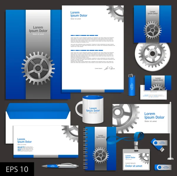 Blue corporate identity template with cogwheel — Stock Vector