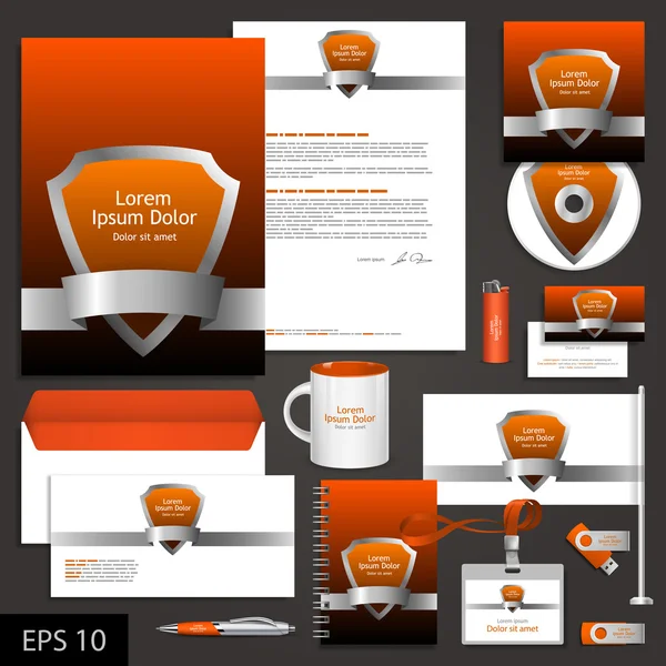 Orange corporate identity template with shield. — Stock Vector