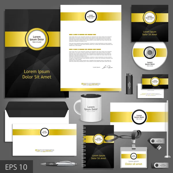 Black corporate identity template with golden elements. — Stock Vector