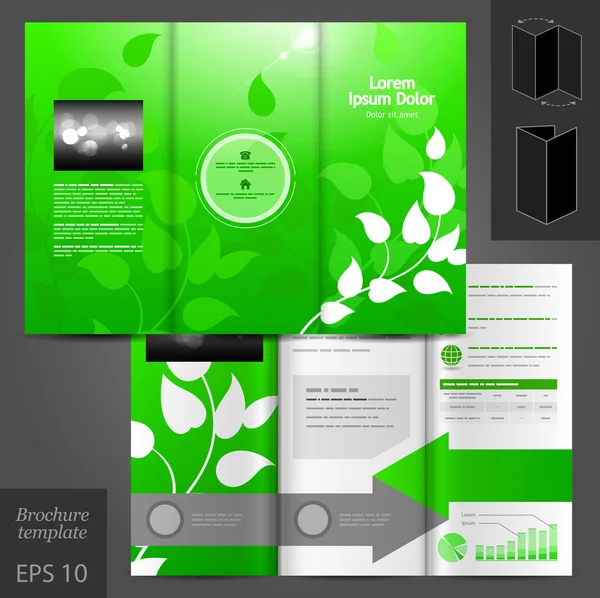花の要素と緑のパンフレット テンプレート デザイン — ストックベクタ
