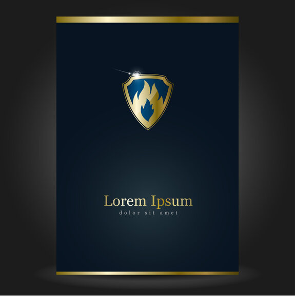 Дизайн обложки брошюры с огненным элементом и щитом
.