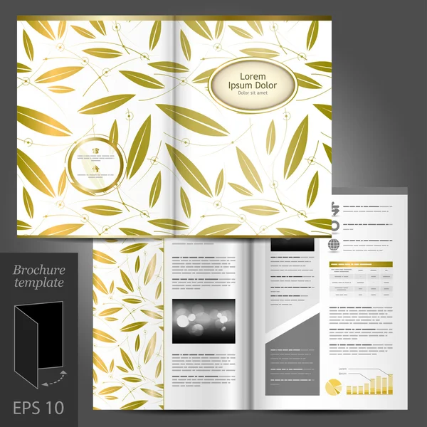 Design de modelo de brochura floral com folhas douradas . — Vetor de Stock