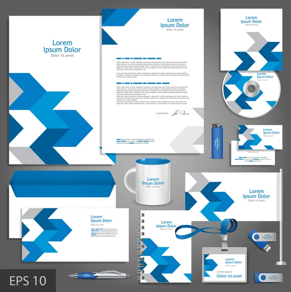 Plantilla de identidad corporativa blanca con flechas azules — Vector de stock