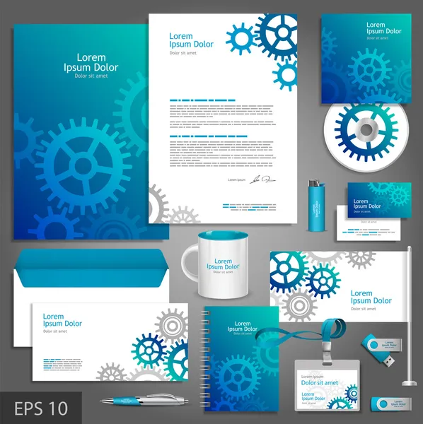 Blue corporate identity template with cogwheels — Stock Vector