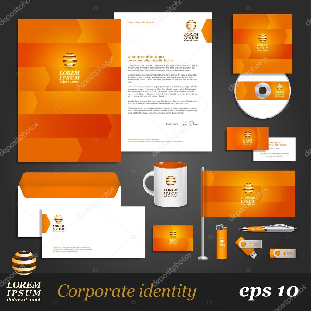 Orange corporate identity template with arrows.