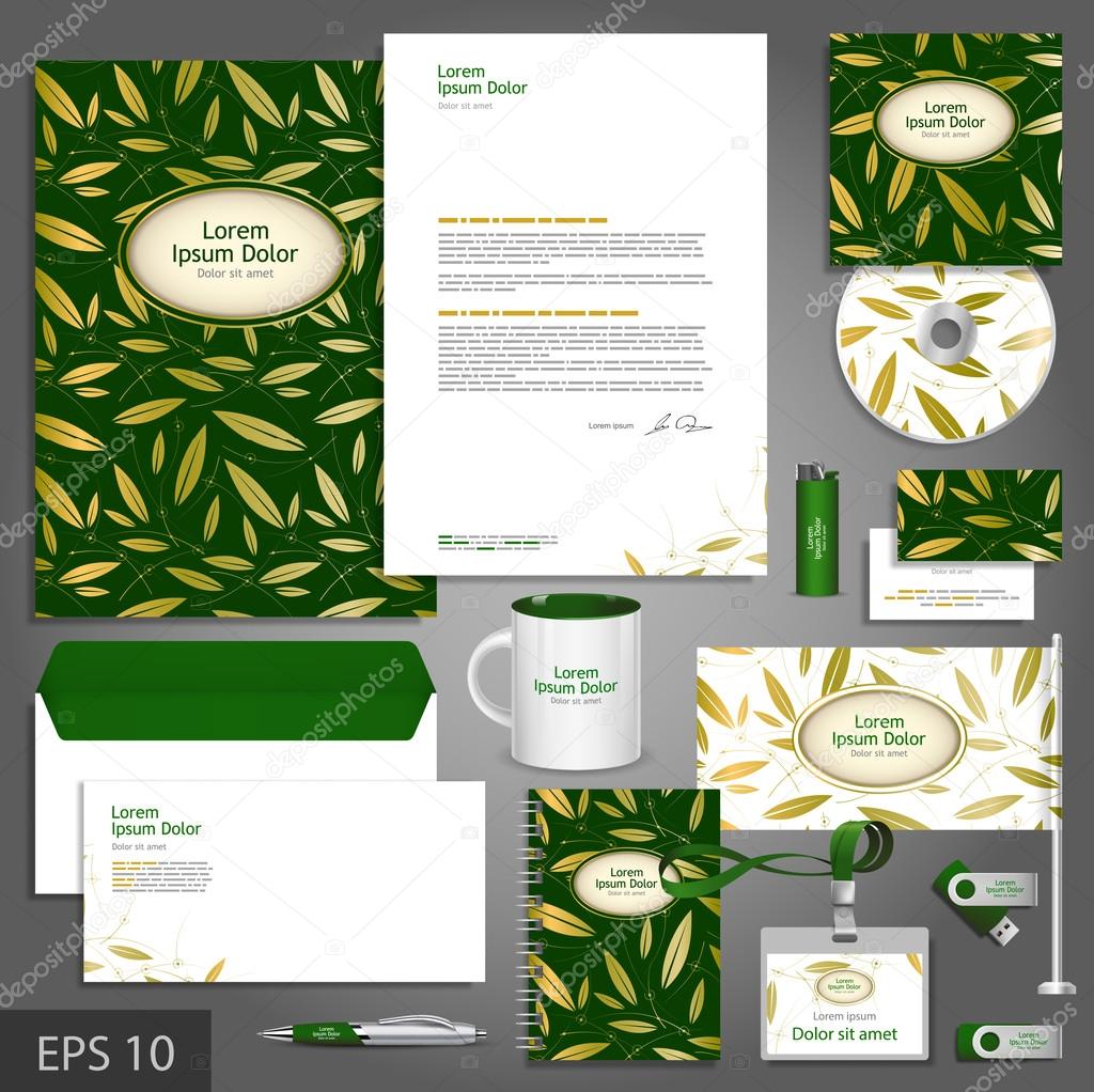Floral corporate identity template with golden leaves