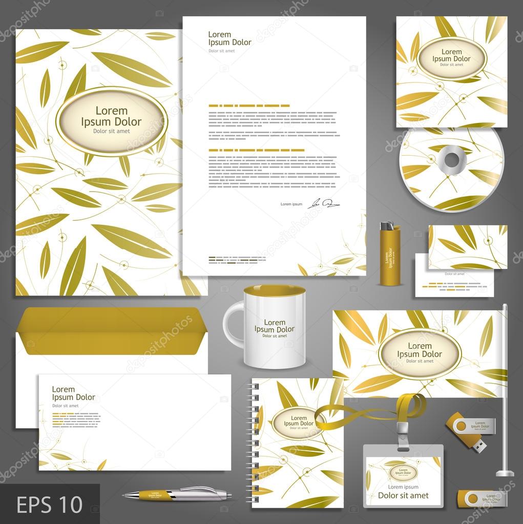 Floral corporate identity template with golden leaves.