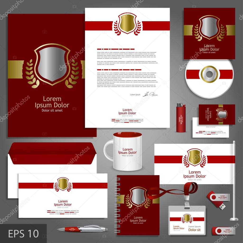 Red corporate identity template with golden shield