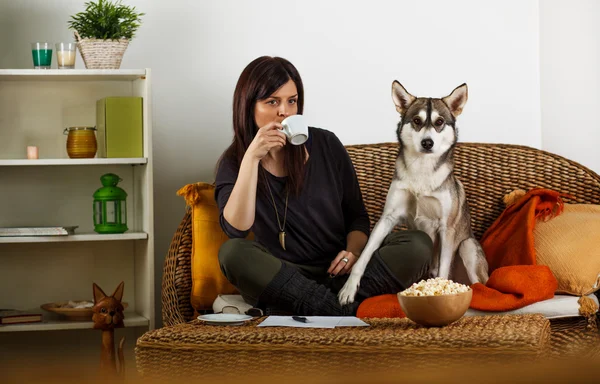 Genç kadın köpekle evde oynuyor — Stok fotoğraf