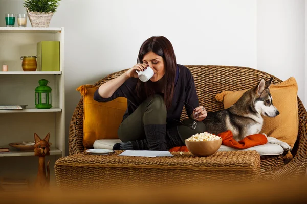 Genç kadın köpekle evde oynuyor — Stok fotoğraf