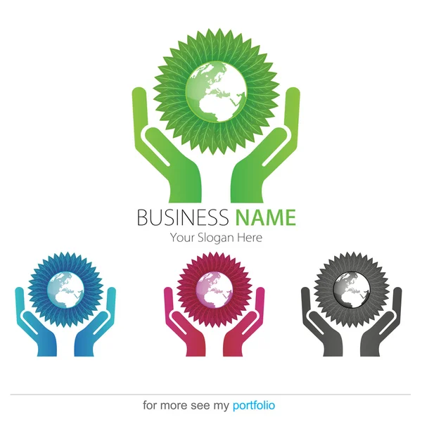 Λογότυπο επιχείρησης (εταιρεία), βιο, οικολογικά, διάνυσμα, φύλλων, γη, χέρια — Διανυσματικό Αρχείο