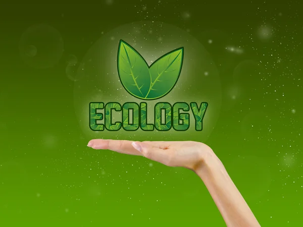 Ecologie tekst in de palm van de hand, eco achtergrond — Stockfoto