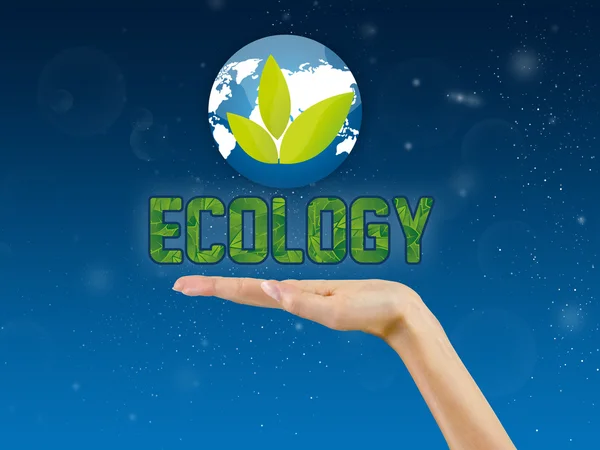 Ecologie tekst in de palm van de hand, eco achtergrond — Stockfoto