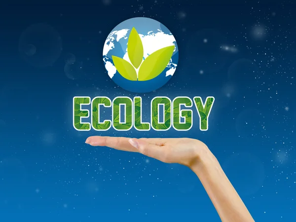 Ecologie tekst in de palm van de hand, eco achtergrond — Stockfoto