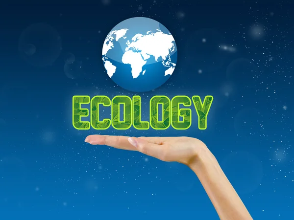 Texto ecológico na palma da mão, fundo ecológico — Fotografia de Stock