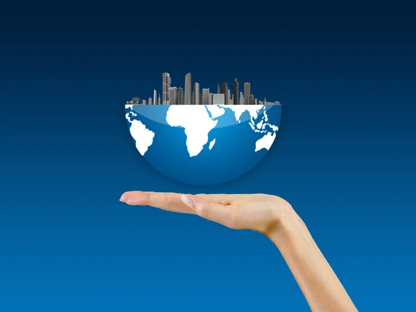 City in a globe, in the palm of hand, background — Stock Photo, Image