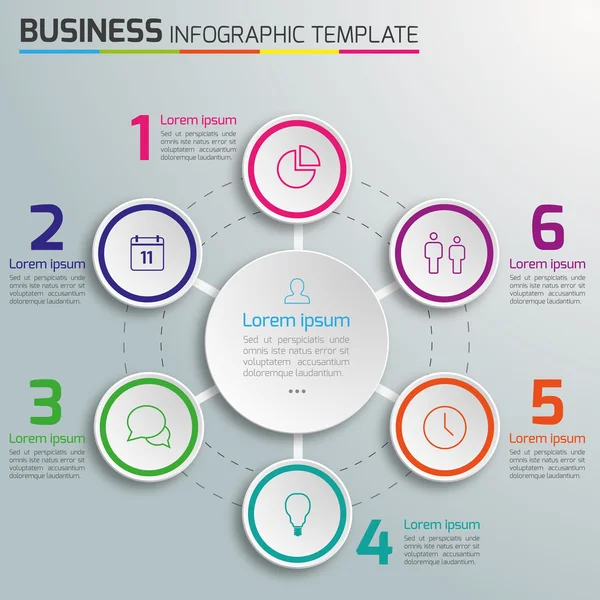 3-6 étapes processus infographie d'entreprise vecteur, arrière-plan lumineux, cercles, bulles — Image vectorielle