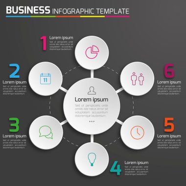 4-6 Steps process business infographics vector, dark background, circles, bubbles clipart