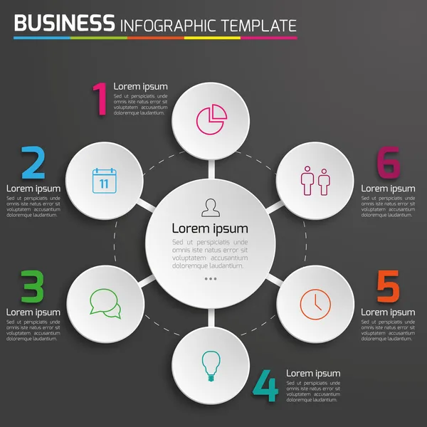 4-6 Passos de processo de negócios infográficos vetor, fundo escuro, círculos, bolhas — Vetor de Stock
