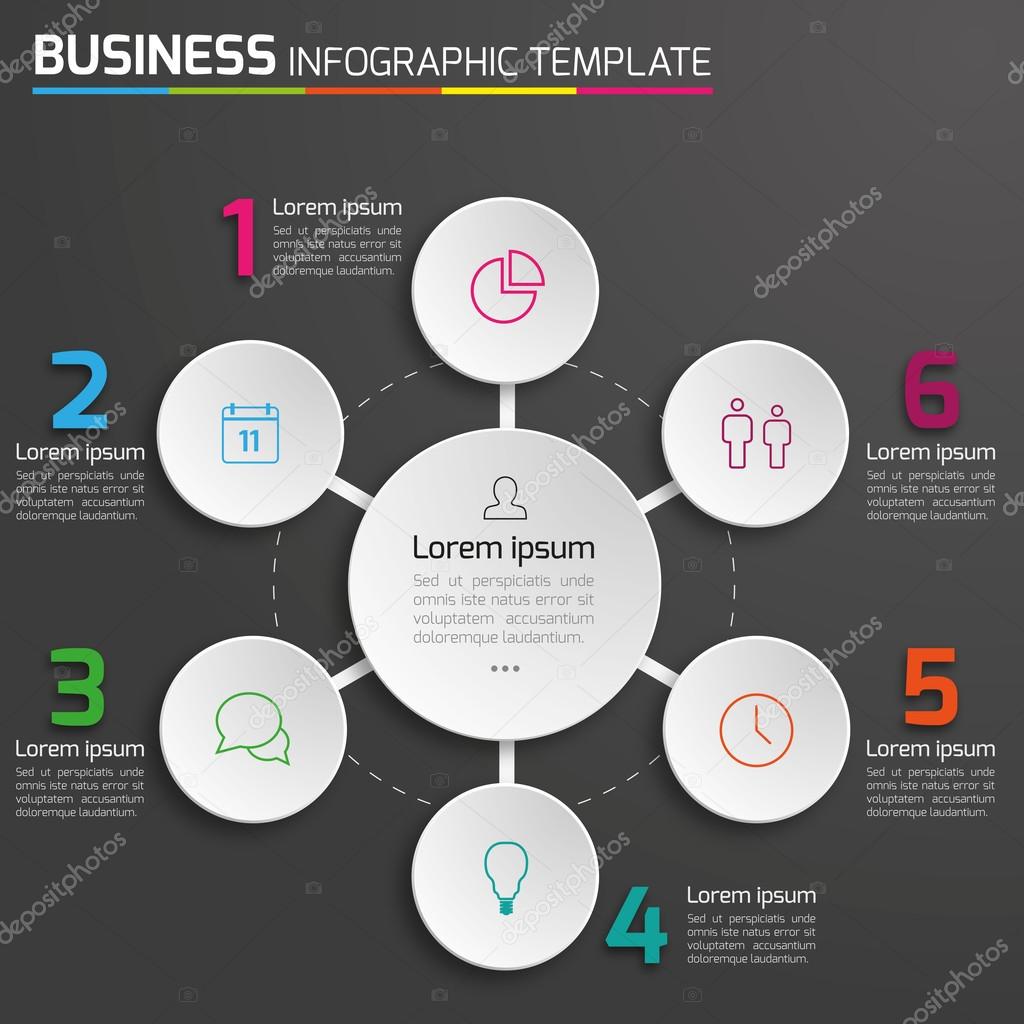 4-6 Steps process business infographics vector, dark background, circles, bubbles