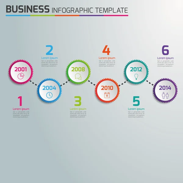 6 pasos procesan infografías de negocios, fondo de vector de luz, círculos, engranajes — Vector de stock