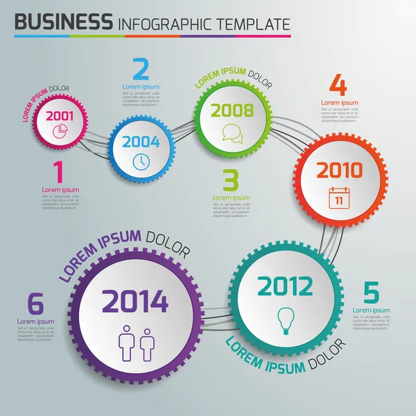 6 étapes processus infographie d'entreprise, arrière-plan vectoriel léger, cercles, engrenages — Image vectorielle