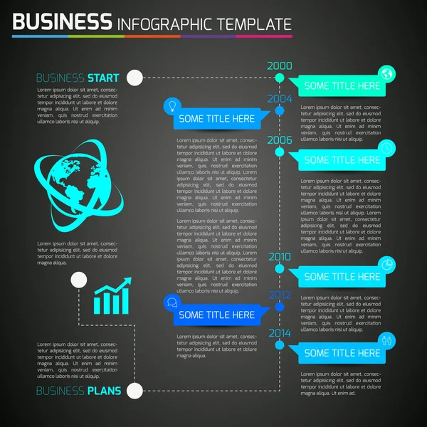 Info graphique modèle de timeline avec icônes, fond sombre, 6 étapes — Image vectorielle