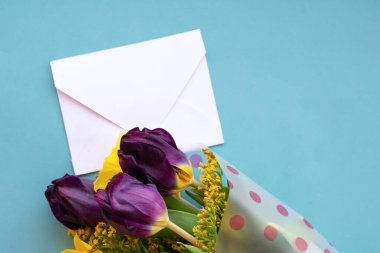 Kırılgan bahar laleleri ile mavi arka planda beyaz zarf. Bahar geliyor konsepti. Anneler ve Sevgililer Günü hediyesi.