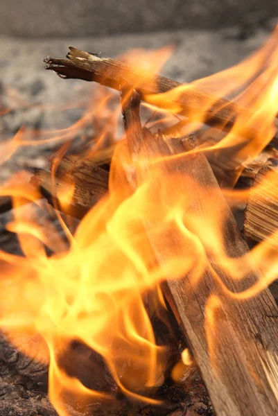 Een brandende open haard, kampvuur Stockfoto