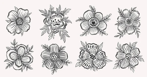 꽃무늬를 손으로 그린 다음, 흰색 바탕에 검은 칠을 한 꽃무늬를 놓는다. 식물성 꽃 무늬. — 스톡 벡터