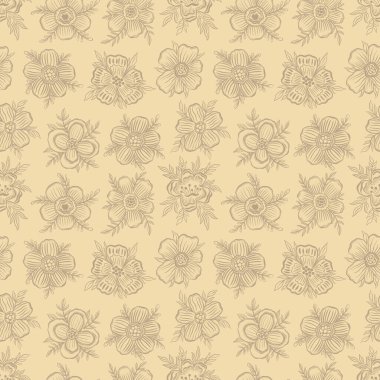 Kusursuz desenli, nötr çiçek desenli el çizimi. Botanik bitki tasarımı..