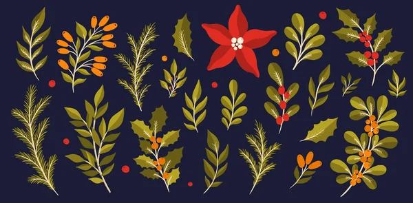 Noel çiçek seti. Yeni yıl 2021 Koleksiyon Yaprağı. Botanik Dekorasyon Tasarımı. — Stok Vektör