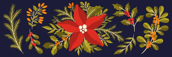 Kerst bloemplant set.Nieuwjaar 2021 collectie tak blad.Decoratie botanische ontwerp. — Stockvector