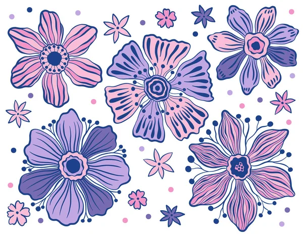 Set flor brote estilo de dibujos animados. Aislado en fondo blanco. Colección planta floral. — Archivo Imágenes Vectoriales