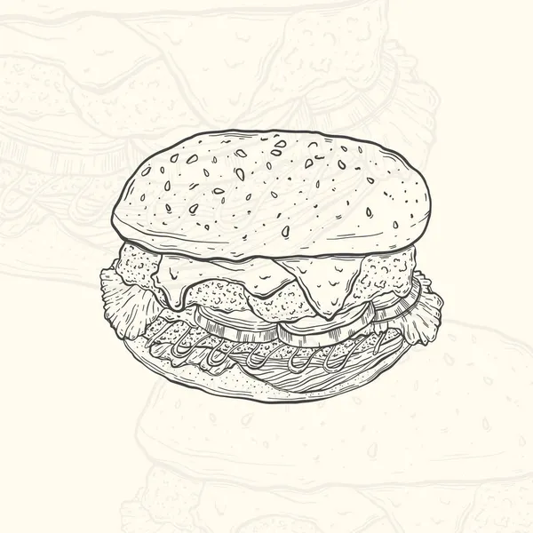 Ілюстрація бургер ескіз їжі. Меню дизайну малюнків елементів рук. Ізольований об'єкт на білому тлі — стоковий вектор