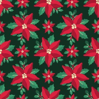 Kusursuz desenli Noel çiçekleri. Yeni yıl 2022 süsleri. Botanik dekorasyon..