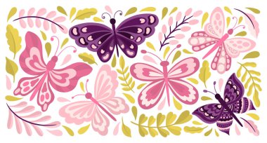 Kelebek ve bitki koleksiyonu. Basit düz, şirin böcek koleksiyonu. Beyaz arka planda izole edilmiş..