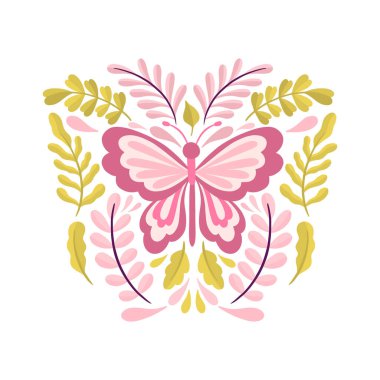 Kelebek ve bitki. Basit düz, şirin bir element. Sevimli çizgi film tasarımı..